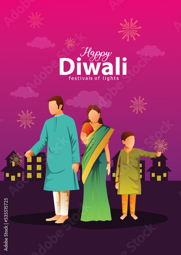 vector illustration of Hindu family celebrating on Happy Diwali Indian holiday background.