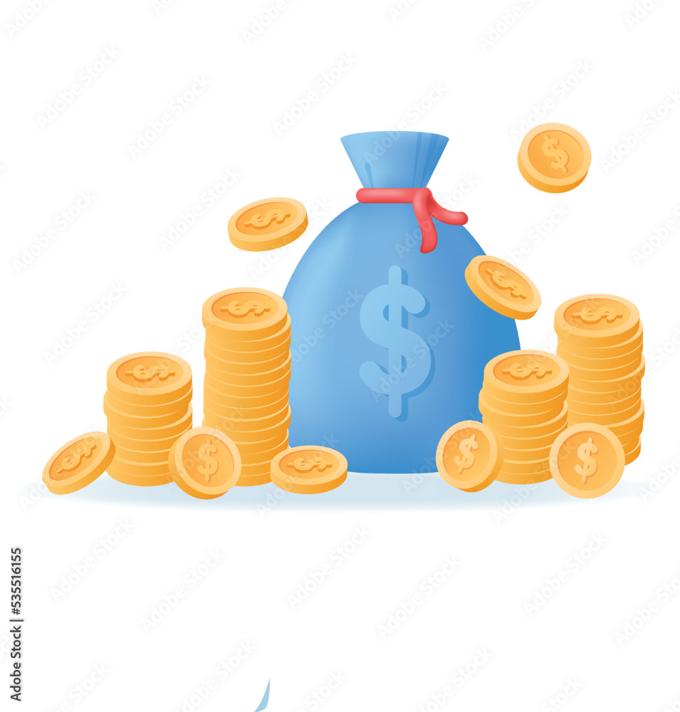 Money bag and gold coins isolated on white background. Cash, save money, banking, business and finance 3d concept vector illustration. Money bag and gold coins isolated on white background. Cash, save money, banking, business and finance 3d concept vector illustration.