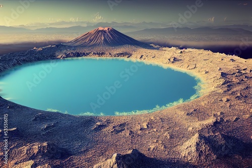 lagoon at the top of the volcano, 3D rendering, raster illustration.