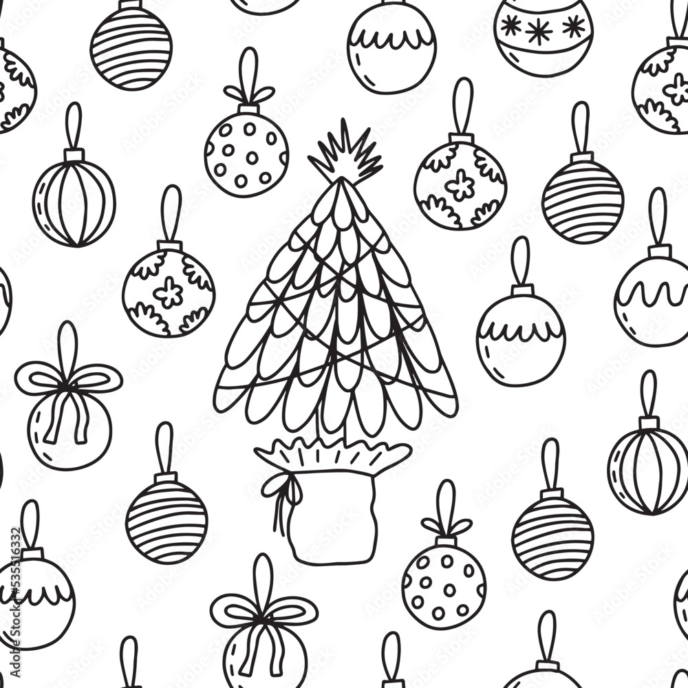 Christmas tree and glass balls seamless pattern. Vector Christmas tree and decor doodle background