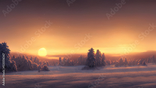 Winter landscape with neon sunset. Snowy flat valley. Colored winter landscape. Frosty winter sunset. 