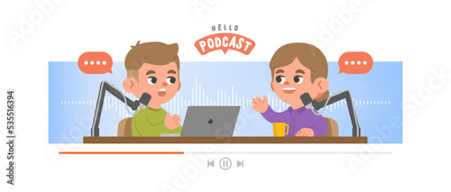 A man and a woman talking together on internet online broadcast podcast channel. illustration vector cartoon character design on white background. Online concept.