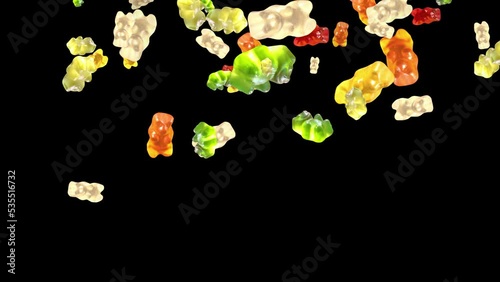 Falling colorful gummy bears. Isolated sweets. Black background. Loop. 25 fps