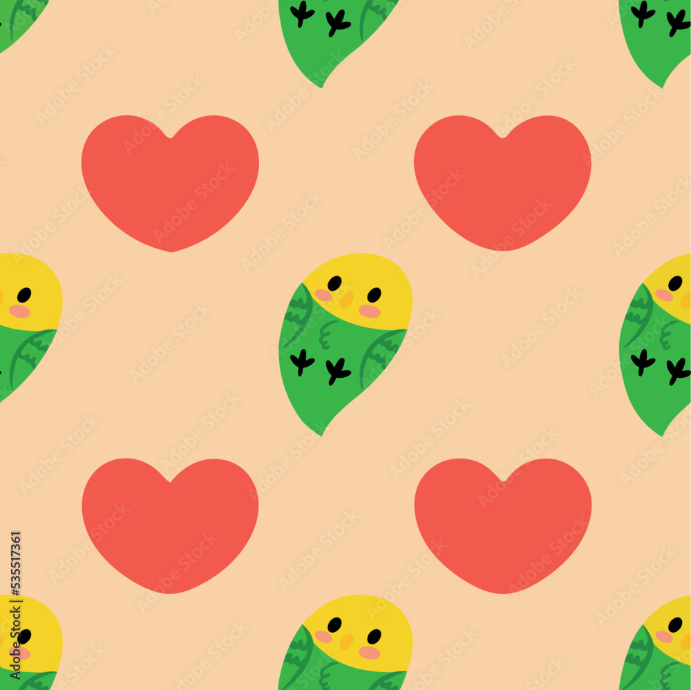 Cute pattern with parrots and hearts. Vector illustration isolated on color background. Design element for clothing accessories menu posters Cute pattern with parrots and hearts. Vector illustration isolated on color background. Design element for clothing accessories menu posters