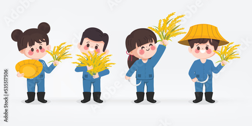Cute cartoon hand drawn farmer character set. Group of Farmer harvest rice by hand.