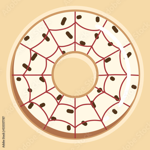 Hand drawn vector illustration of cute fancy halloween doughnut, berry spider web pattern and chocolate sprinkles on white chocolate cream donut isolated on light yellow background. 