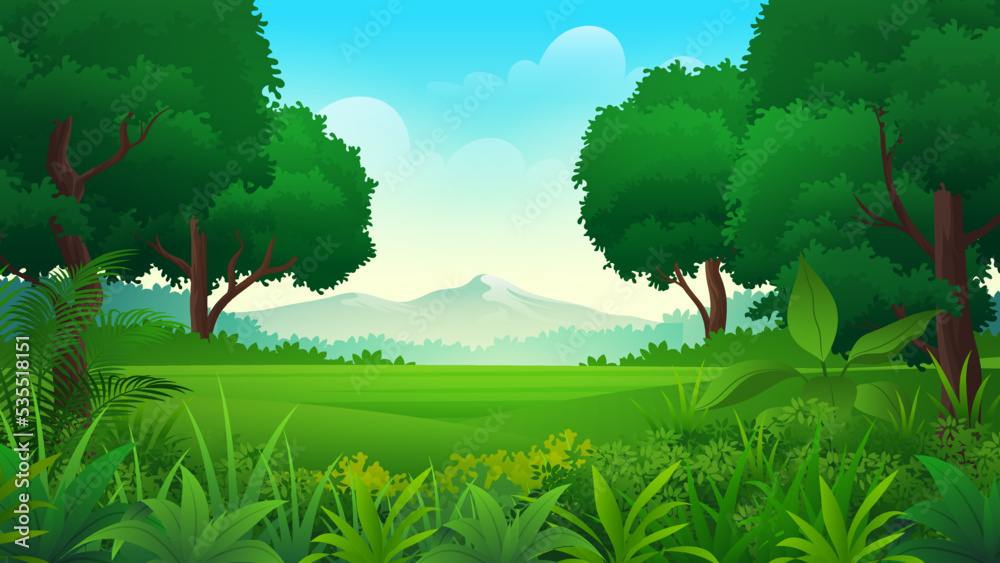 Beautiful summer tropical forest clearing Illustration with lush trees and grass