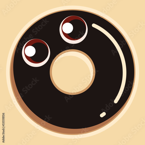 Hand drawn vector illustration of cute fancy halloween doughnut, berry gummy jelly big eyes on dark chocolate cream donut isolated on light yellow background. 