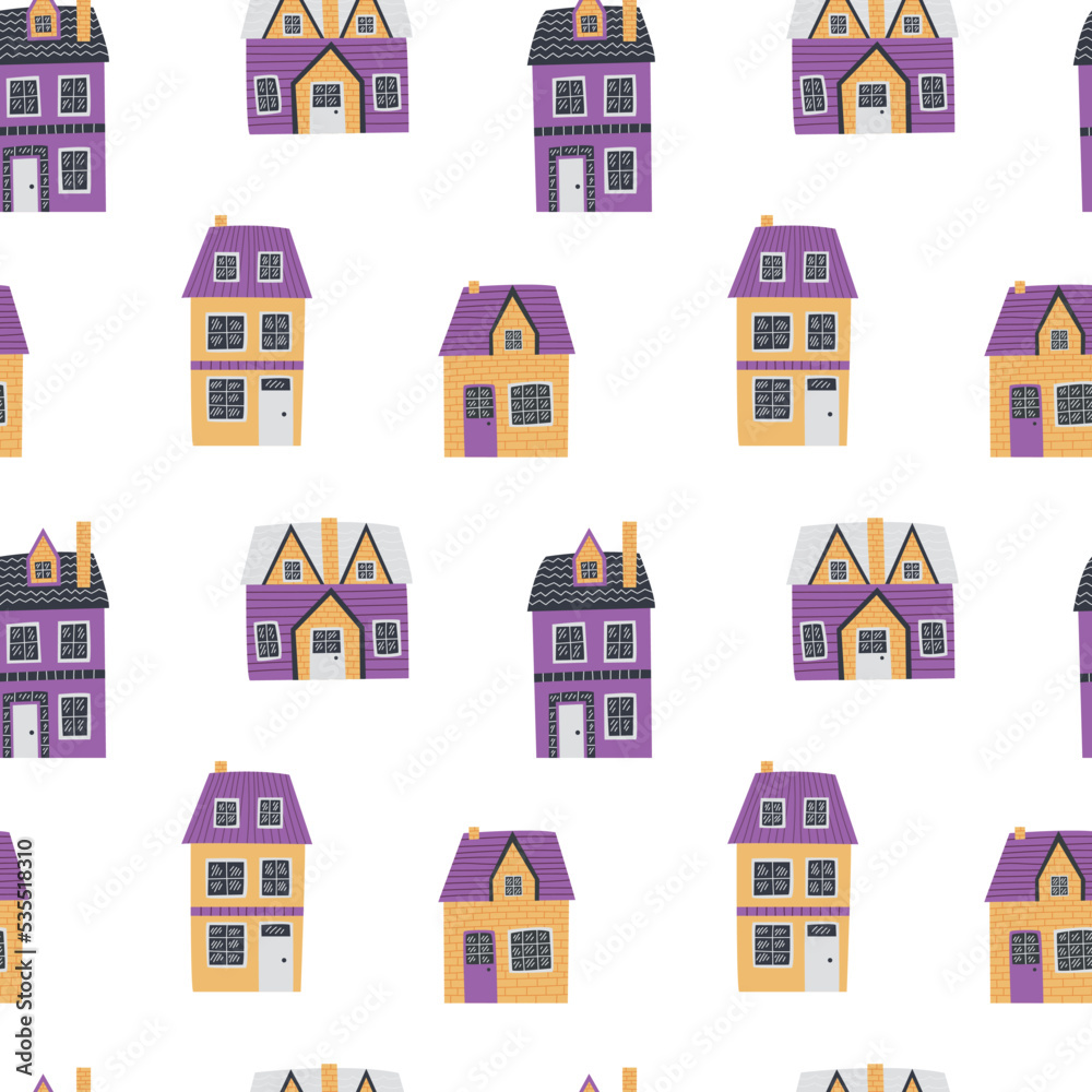 Cute cartoon houses seamless pattern. Vector cottage pattern