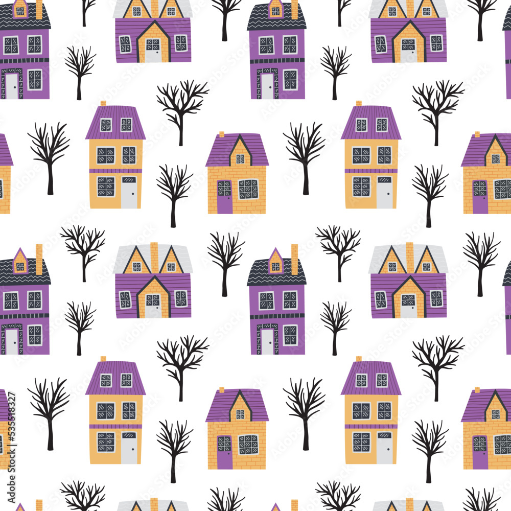 Vector houses and trees seamless pattern. Cute country houses in cartoon style pattern Vector houses and trees seamless pattern. Cute country houses in cartoon style pattern