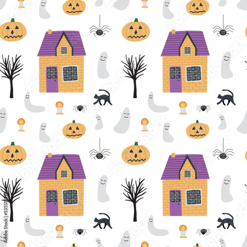 Cute counrty houses and ghost Halloween pattern. Vector houses, ghosts, pumpkins and cats seamless pattern photo