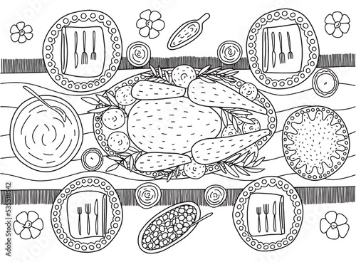 Coloring page with Thanksgiving turkey dinner table top view. Vector overhead view table with turkey and pumpkin pie coloring page