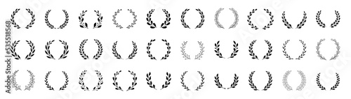 Laurel wreath set of black circular foliate laurels branches. Set of wreaths and branches with leaves. Vintage laurel wreaths collection. Set black silhouette circular laurel foliate. 