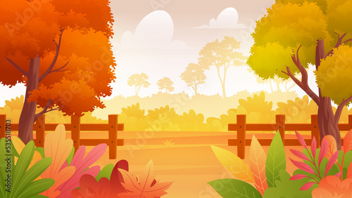 Beautiful Autumn park Landscape with trees, fence, bush and flower