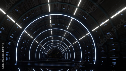 The concept of an alien perspective Corridor with white neon lights abstract dark background.3d rendering