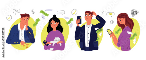 People calculate expenses, pay bills, look at the account balance. The person making the purchase decision. Sad people thinking about spending money. Waste of the family budget. Vector illustration