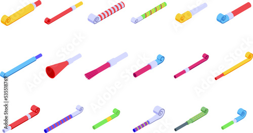 Party blower icons set isometric vector. Whistle horn. Roll paper photo