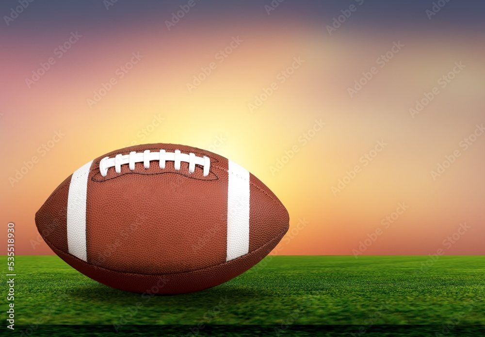 American Football ball on green field at the stadium American Football ball on green field at the stadium