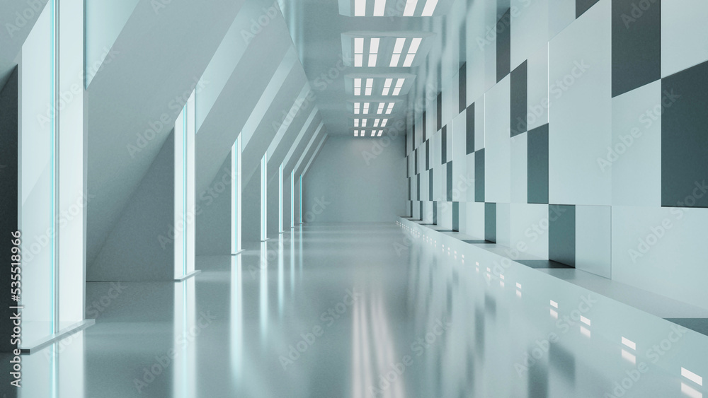 Obraz premium Modern luxury empty hallway with black and white light background wallpaper 3d illustration