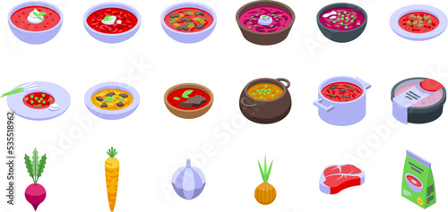 Borsch icons set isometric vector. Beet food. Cook bacon