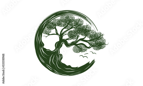 Japanese bonsai tree logo, plant silhouette icons on white background, green ecology silhouette of bonsai and sunset. Detailed image. Bio nature concept. Vector isolated,Natural Bonsai tree logo.