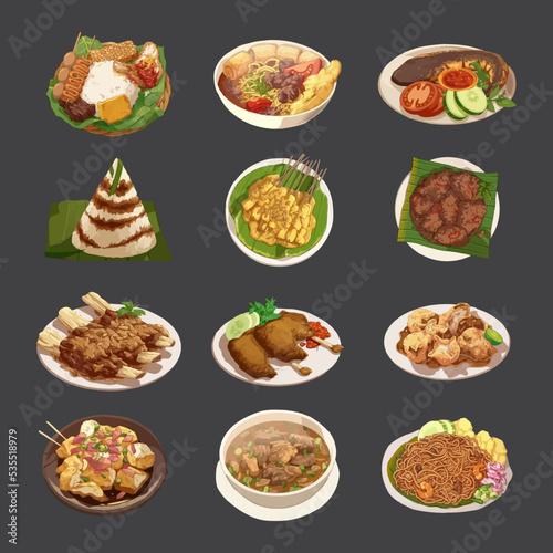 Rendang, Aceh noodles, Catfish pecel, dongkal cake, coto makassar, padang satay, jamun rice, tahu gejrot, batagor, konro, bogor noodle soup. Set of Indonesian food vector illustration.