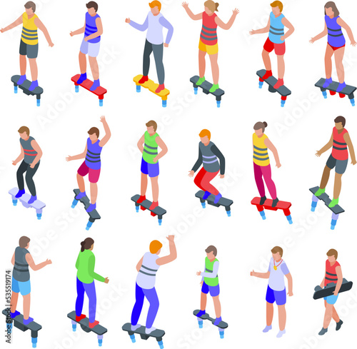 Flyboard icons set isometric vector. Activity adventure. Deep diver