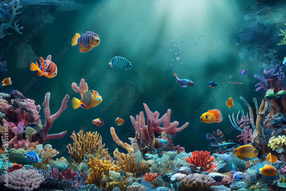 Underwater life at sea or ocean bottom. Exotic undersea world with ...