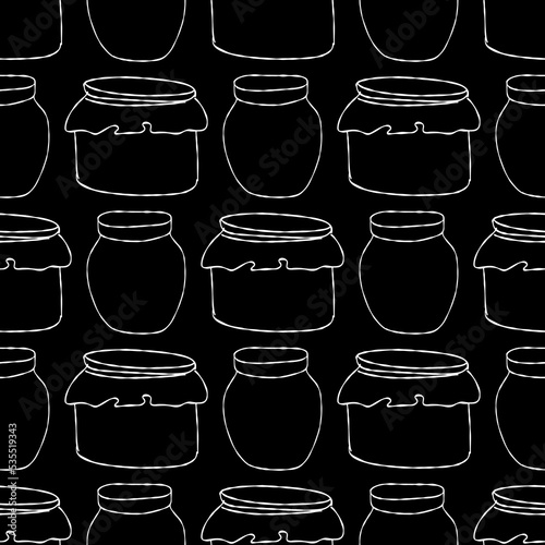 Seamless pattern with white jars of jam illustration on black background