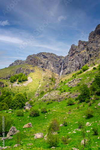 Path to Raiskoto praskalo waterfall and Botev peak in Balkan mountain, Bulgaria