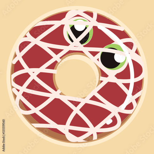 Hand drawn vector illustration of cute fancy halloween doughnut,  mummy gummy jelly big eyes and white chocolate sauce on berry cream donut isolated on light yellow background. 