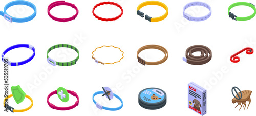 Flea collar icons set isometric vector. Cat travel. Animal stuff