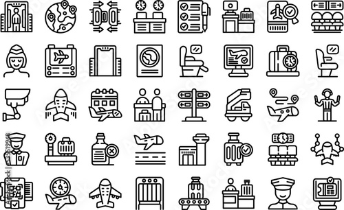 Check in airport icons set outline vector. Baggage plane. Airport security