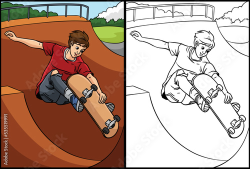 Skateboarding Coloring Page Colored Illustration