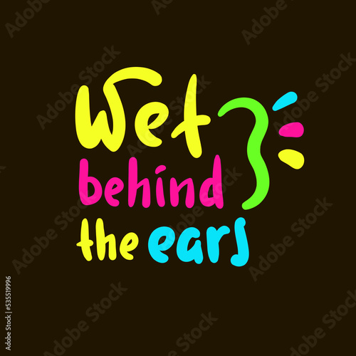 Wet behind the ears - simple inspire motivational quote. Youth slang, idiom. Hand drawn lettering. Print for inspirational poster, t-shirt, bag, cups, card, flyer, sticker, badge. Cute vector writing.