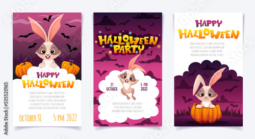 Happy Halloween party posters set with cute rabbits, pumpkins, bats in cartoon style. Vector kids illustration with text space and time for flyer invitation, banner design, greeting cards.