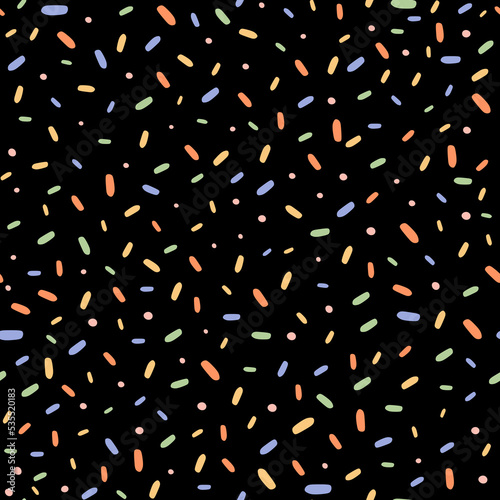 Colorful cake sprinkles seamless pattern with black background.