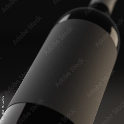 Mockup, template, blank label. A bottle with red wine and a label on a dark background with great depth of field. Close-up. 3d illustration, rendering photo