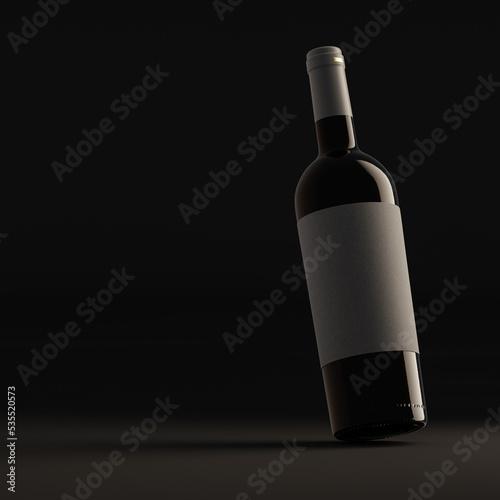 Template, mock-up. A bottle of red wine with a shrink cap stands at an angle against a dark gray background. Front view. 3d illustration, 3d render