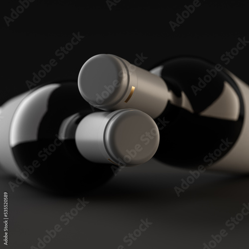 Template, mock-up. Two bottles of red wine on a gray background with shrink caps. Close up, blurred background. 3d illustration, 3d render