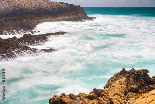 Fototapeta Naklejka Na Ścianę i Meble -  Atlantic ocean. Stormy summer day Big sea wave on rocky beach. Beaty in nature. Dramatic sea view