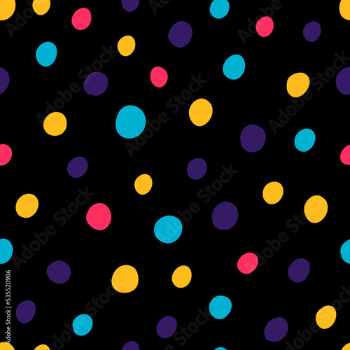Colorful spots seamless pattern with black background.