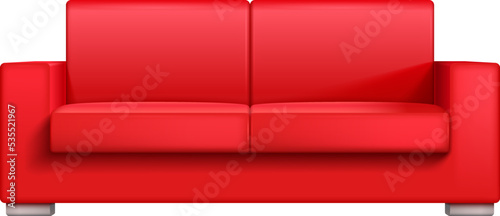 Realistic red couch front view. Comfortable sofa