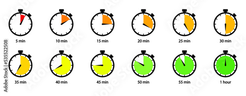 Conjunto de icono de temporizador. Cronómetro. Medidor de velocidad, cuenta regresiva de 60 a 0 minutos. Reloj digital. Ilustración vectorial