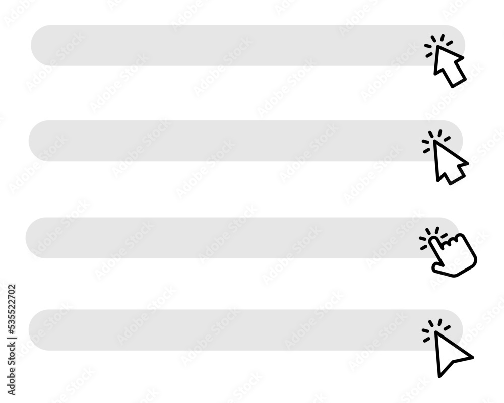 Conjunto de icono de clic del cursor en la barra del navegador. Haga clic en el botón. Concepto de buscar en el navegador. Ilustración vectorial Conjunto de icono de clic del cursor en la barra del navegador. Haga clic en el botón. Concepto de buscar en el navegador. Ilustración vectorial