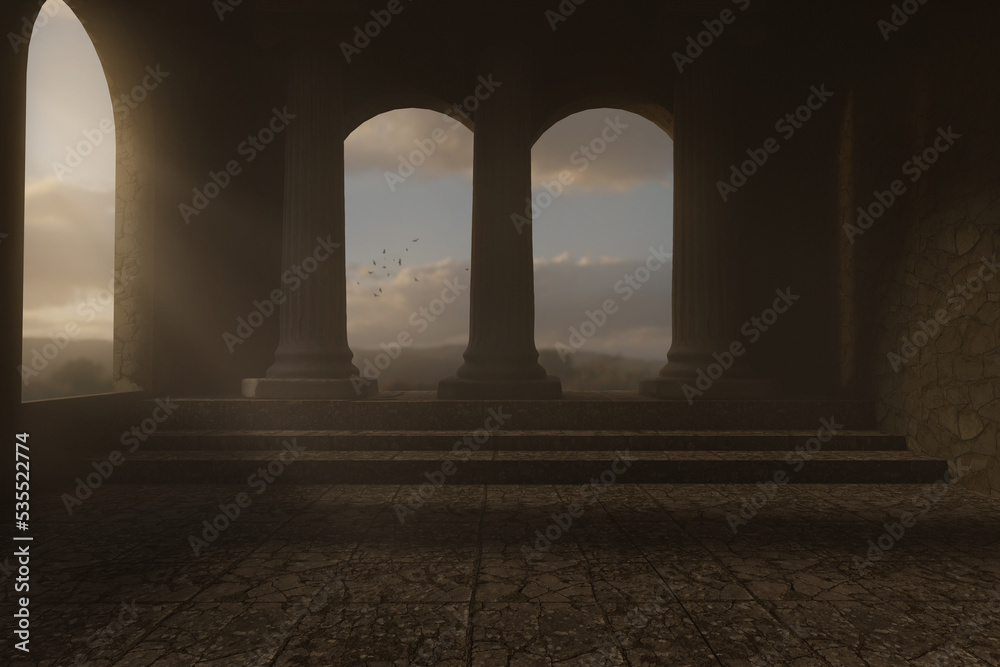3D rendering of a wide hall with ionic columns and view to beautiful mountains in the evening sunlight