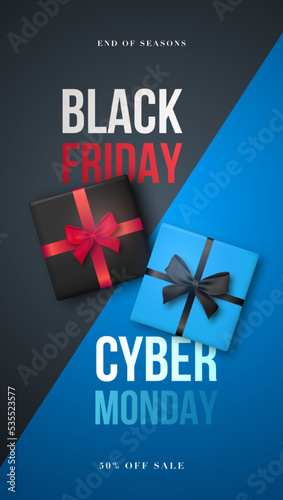 Black Friday and Cyber Monday promo banner. Design for Stories, card, flyer concept design, social media, web. Stock vector illustration.