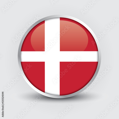 Denmark round flag design is used as badge, button, icon with reflection of shadow. Icon country. Realistic vector illustration.