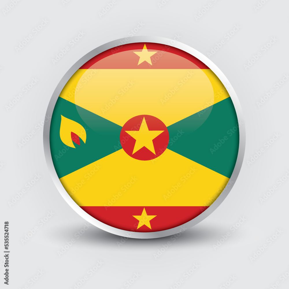 Grenada round flag design is used as badge, button, icon with reflection of shadow. Icon country. Realistic vector illustration. Grenada round flag design is used as badge, button, icon with reflection of shadow. Icon country. Realistic vector illustration.