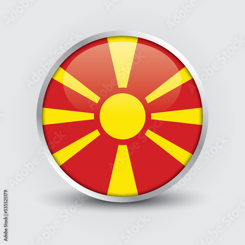 Macedonia round flag design is used as badge, button, icon with reflection of shadow. Icon country. Realistic vector illustration.